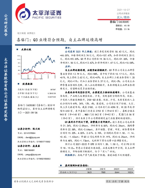 喜临门：Q3业绩符合预期，自主品牌延续高增