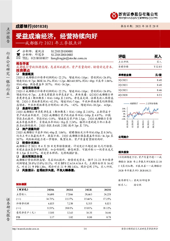成都银行2021年三季报点评：受益成渝经济，经营持续向好