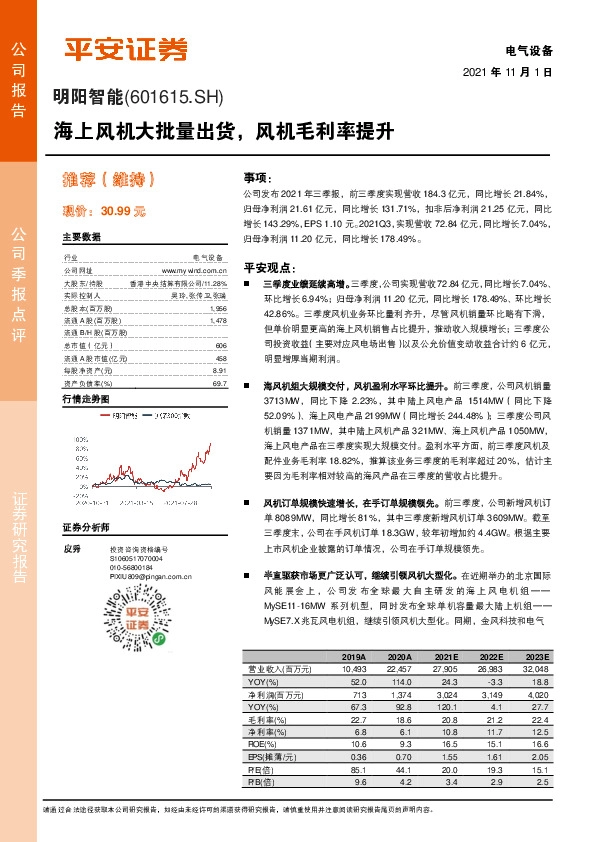 海上风机大批量出货，风机毛利率提升