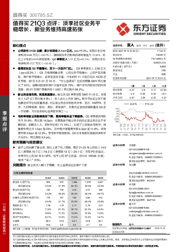 值得买21Q3点评：淡季社区业务平稳增长，新业务维持高速拓张