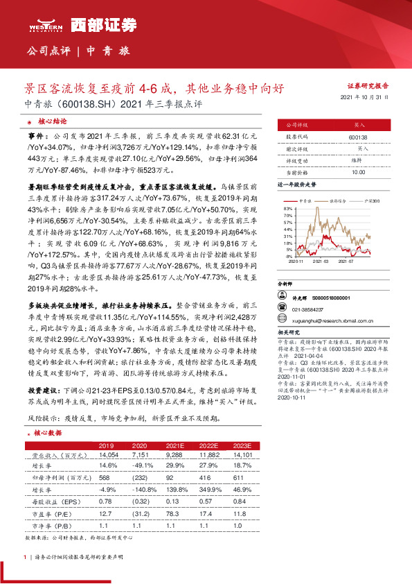 2021年三季报点评：景区客流恢复至疫前4-6成，其他业务稳中向好