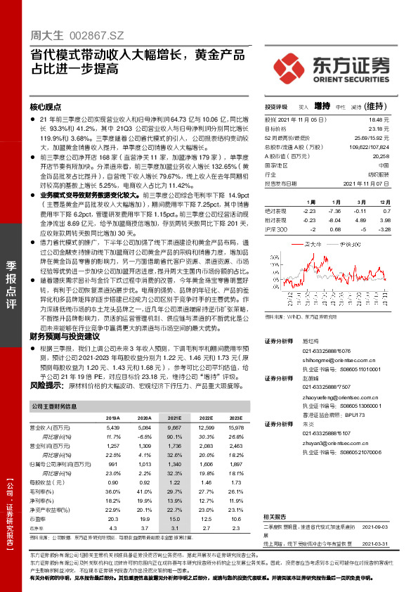省代模式带动收入大幅增长，黄金产品占比进一步提高