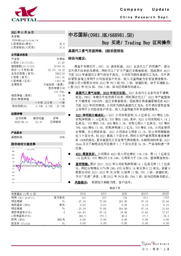 晶圆代工景气有望持续，H股估值较低