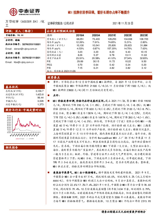 MDI挂牌价淡季回调，看好长期市占率不断提升