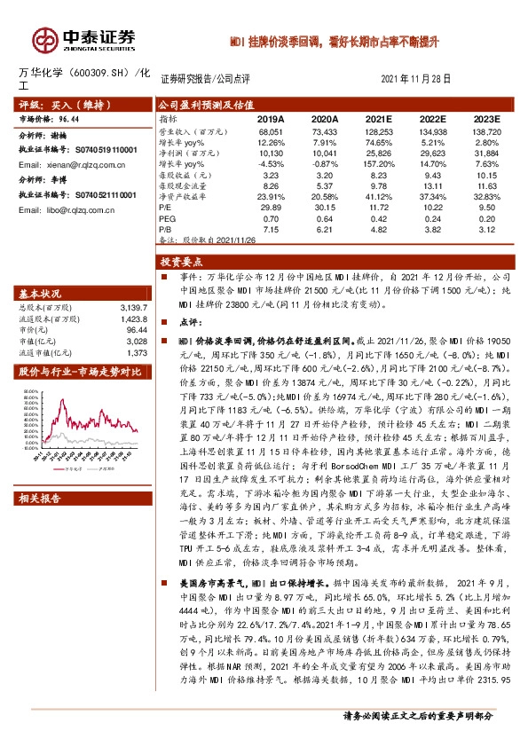 MDI挂牌价淡季回调，看好长期市占率不断提升