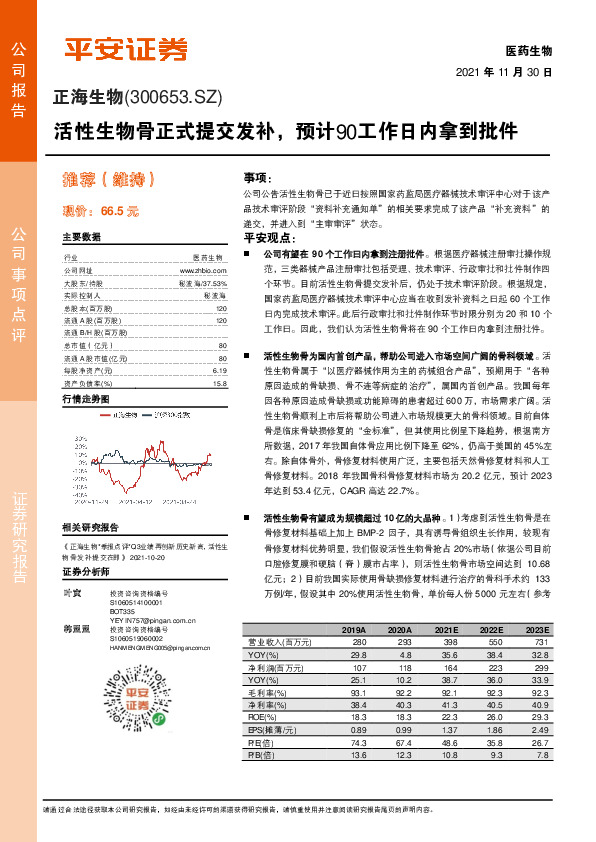 活性生物骨正式提交发补，预计90工作日内拿到批件