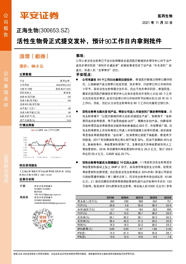 活性生物骨正式提交发补，预计90工作日内拿到批件
