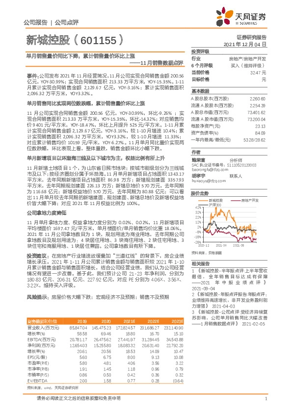 11月销售数据点评：单月销售量价同比下降，累计销售量价环比上涨