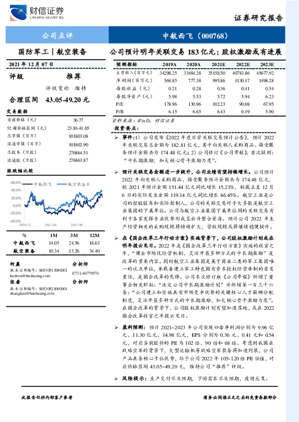 公司预计明年关联交易183亿元；股权激励或有进展