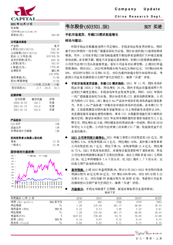 手机市场复苏，车载CIS需求高速增长