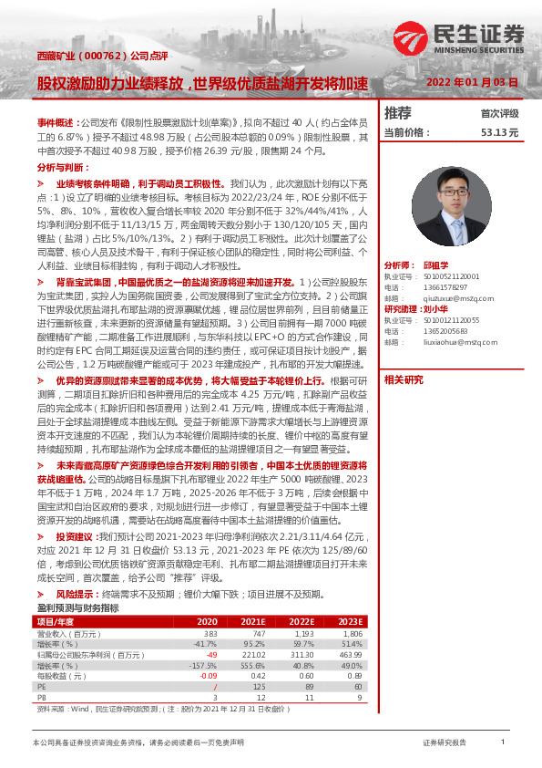 公司点评：股权激励助力业绩释放，世界级优质盐湖开发将加速