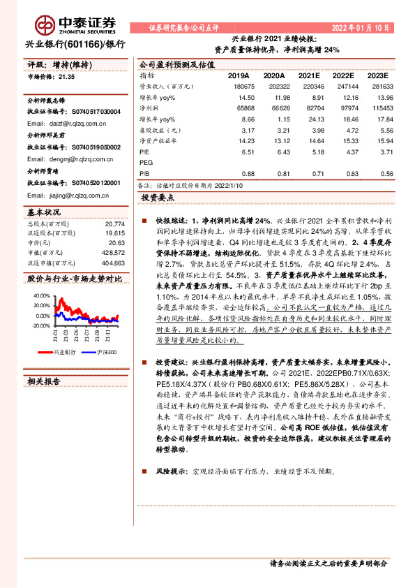 兴业银行2021业绩快报：资产质量保持优异，净利润高增24%