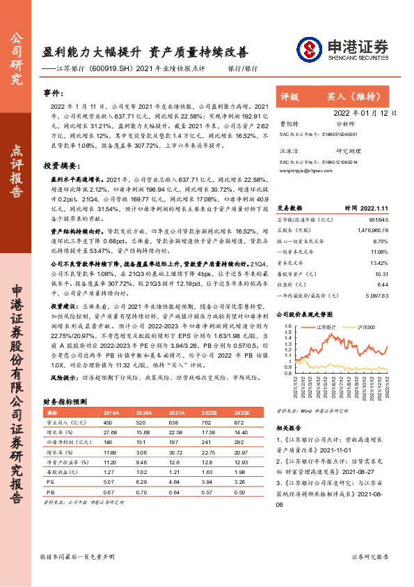 2021年业绩快报点评：盈利能力大幅提升 资产质量持续改善