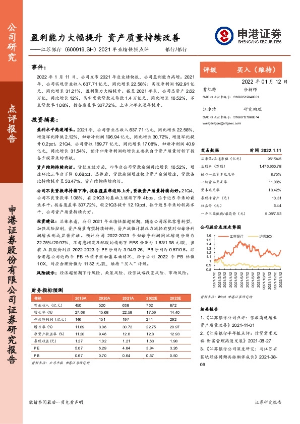 2021年业绩快报点评：盈利能力大幅提升 资产质量持续改善