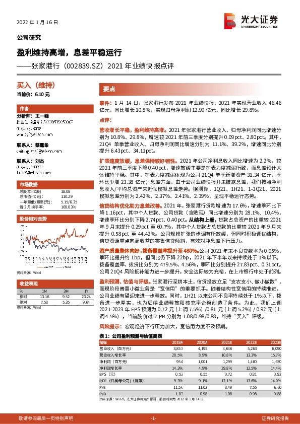 2021年业绩快报点评：盈利维持高增，息差平稳运行