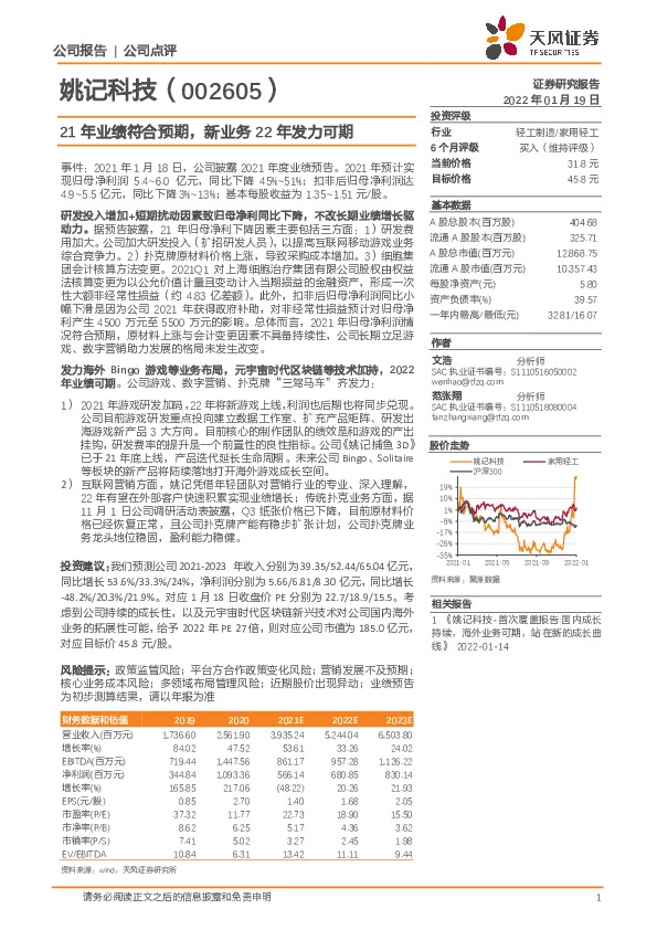 21年业绩符合预期，新业务22年发力可期