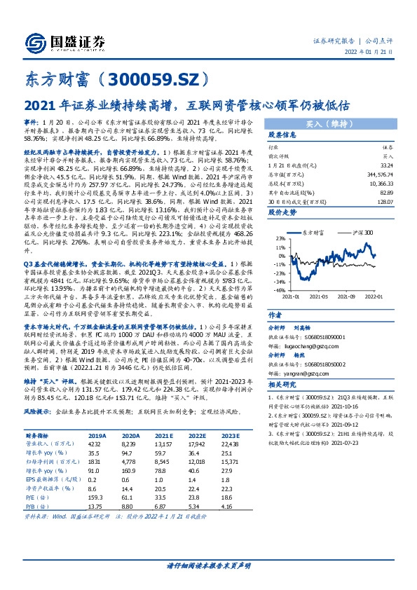 2021年证券业绩持续高增，互联网资管核心领军仍被低估