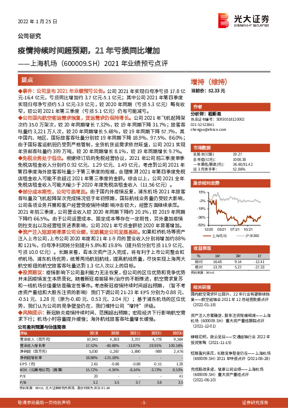 2021年业绩预亏点评：疫情持续时间超预期，21年亏损同比增加