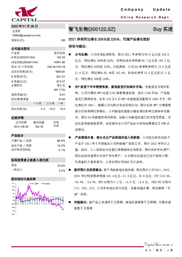 2021净利同比增长200%至220%，代理产品增长较好