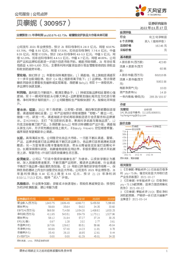 业绩预告21年净利润yoy50.87%-63.75%，破圈锚定护肤品大市场未来可期