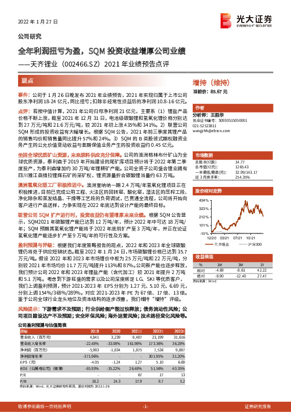 2021年业绩预告点评：全年利润扭亏为盈，SQM投资收益增厚公司业绩