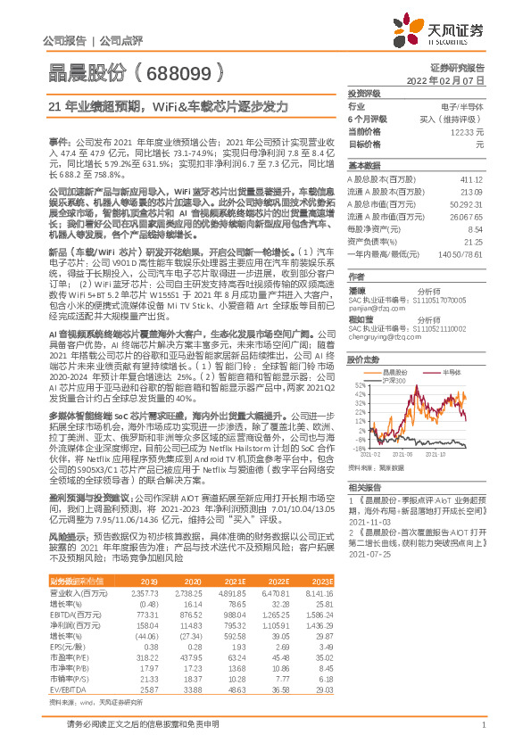 21年业绩超预期，WiFi&车载芯片逐步发力