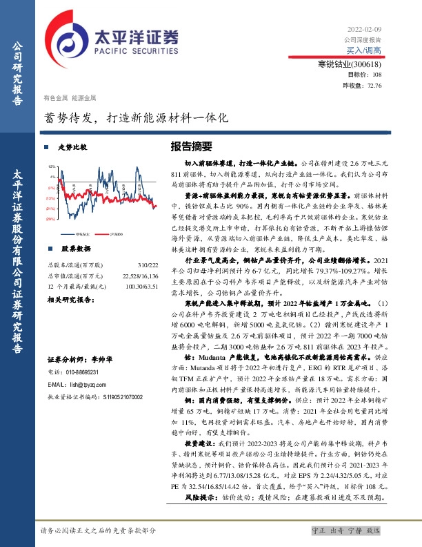蓄势待发，打造新能源材料一体化