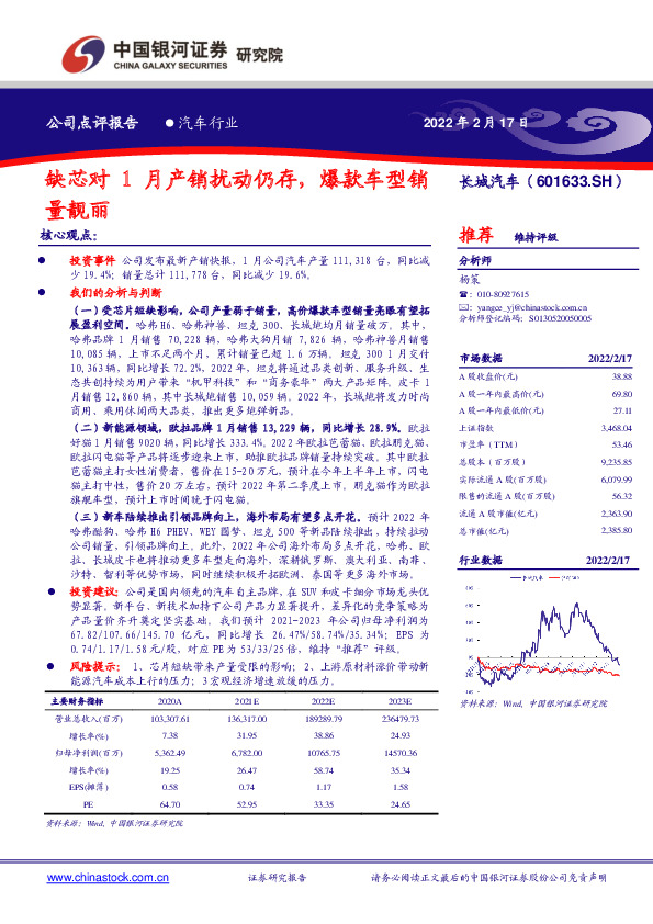 缺芯对1月产销扰动仍存，爆款车型销量靓丽