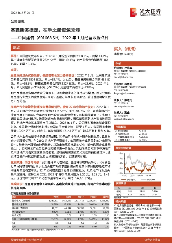 2022年1月经营数据点评：基建新签提速，在手土储资源充沛