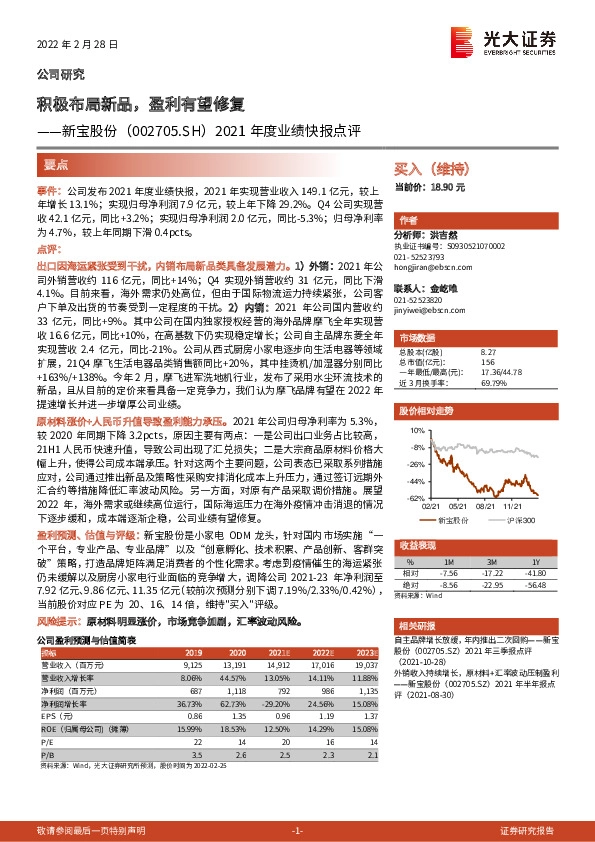 2021年度业绩快报点评：积极布局新品，盈利有望修复