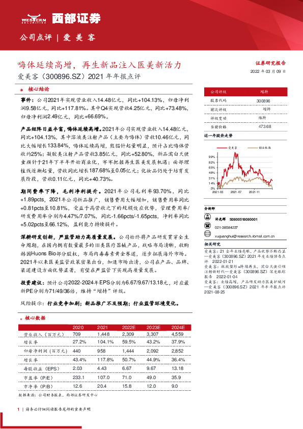 2021年年报点评：嗨体延续高增，再生新品注入医美新活力