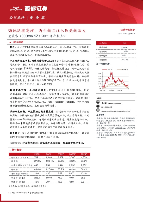 2021年年报点评：嗨体延续高增，再生新品注入医美新活力