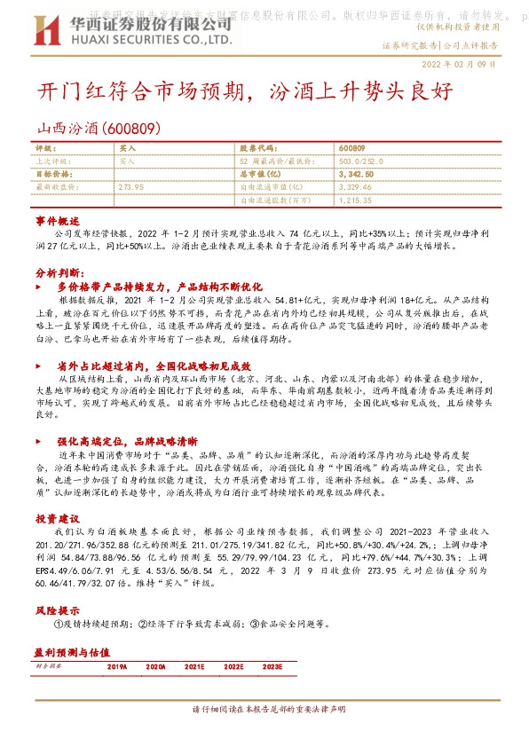 开门红符合市场预期，汾酒上升势头良好