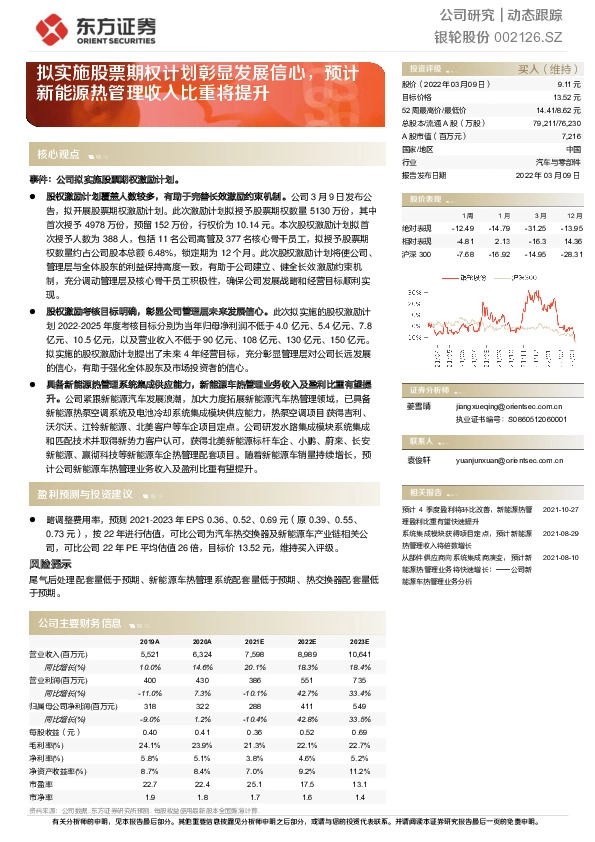 拟实施股票期权计划彰显发展信心，预计新能源热管理收入比重将提升