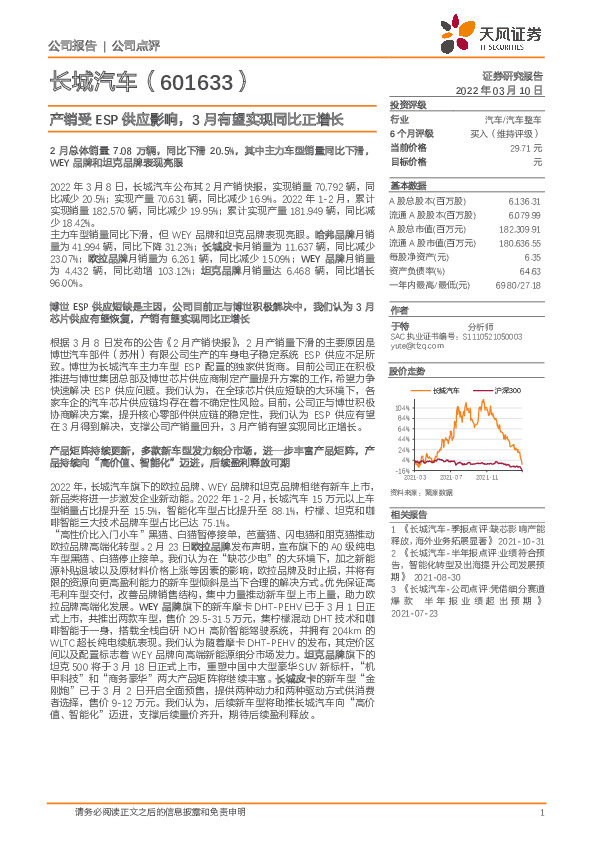产销受ESP供应影响，3月有望实现同比正增长