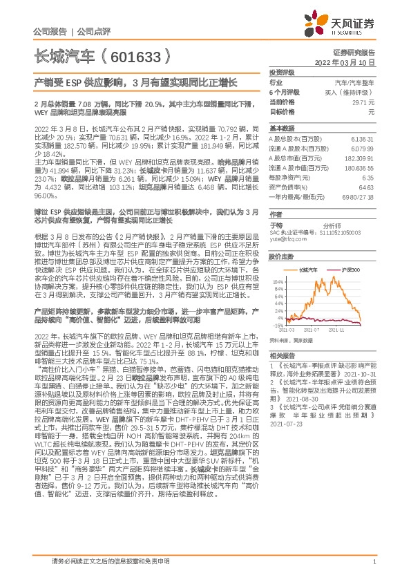 产销受ESP供应影响，3月有望实现同比正增长