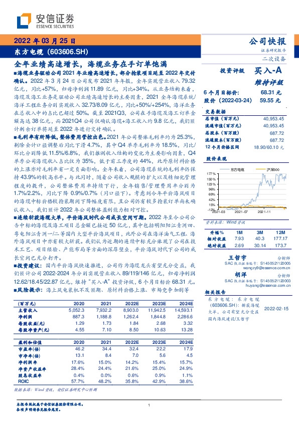 全年业绩高速增长，海缆业务在手订单饱满