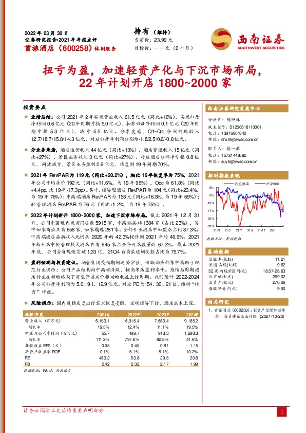 扭亏为盈，加速轻资产化与下沉市场布局，22年计划开店1800~2000家