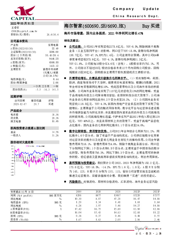 海外市场增量，国内业务提质，2021年净利同比增长47%