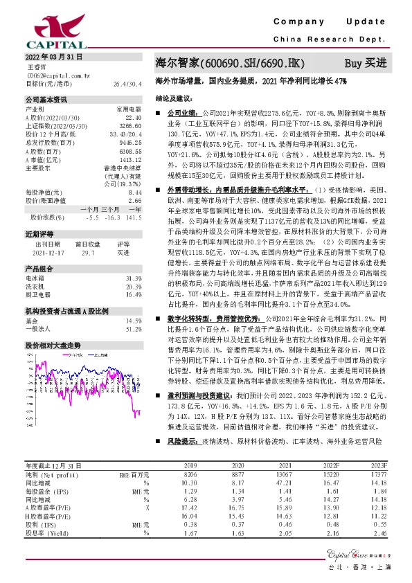 海外市场增量，国内业务提质，2021年净利同比增长47%