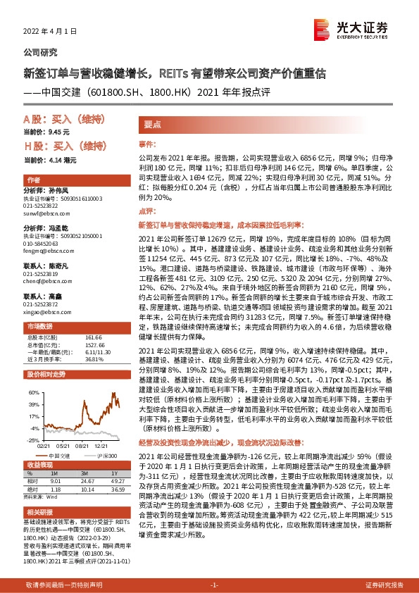 2021年年报点评：新签订单与营收稳健增长，REITs有望带来公司资产价值重估