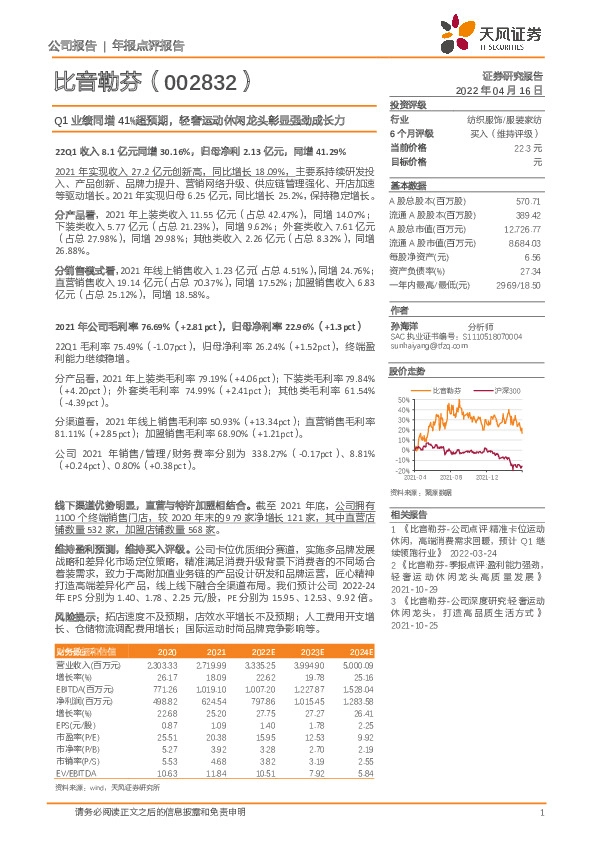 Q1业绩同增41%超预期，轻奢运动休闲龙头彰显强劲成长力