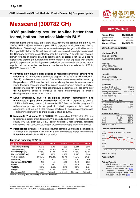 1Q22 preliminary results：top-line better thanfeared，bottom-line miss；Maintain BUY