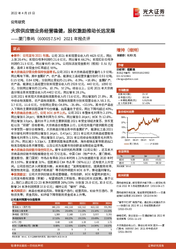2021年报点评：大宗供应链业务经营稳健，股权激励推动长远发展