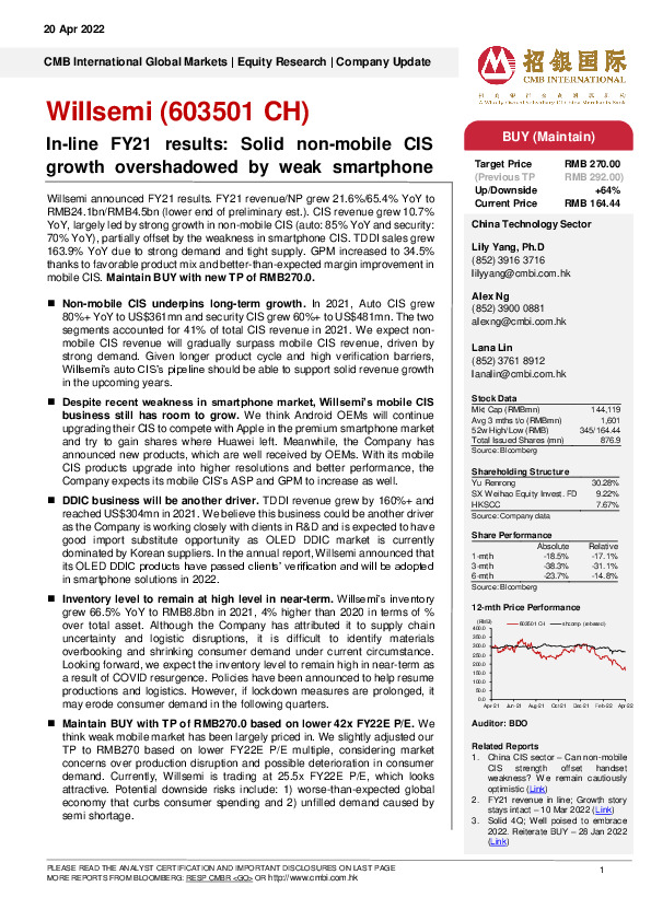 In-line FY21 results: Solid non-mobile CIS growth overshadowed by weak smartphone