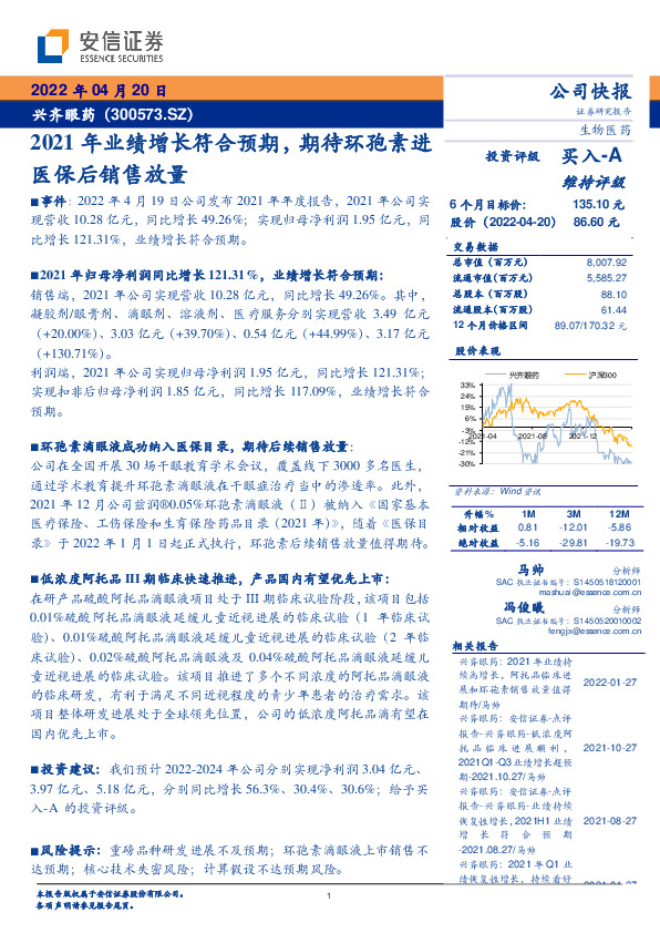 2021年业绩增长符合预期，期待环孢素进医保后销售放量