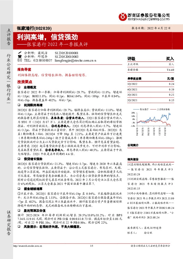 张家港行2022年一季报点评：利润高增，信贷强劲