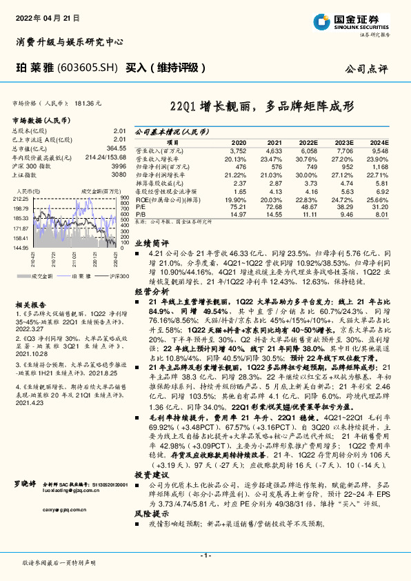22Q1增长靓丽，多品牌矩阵成形