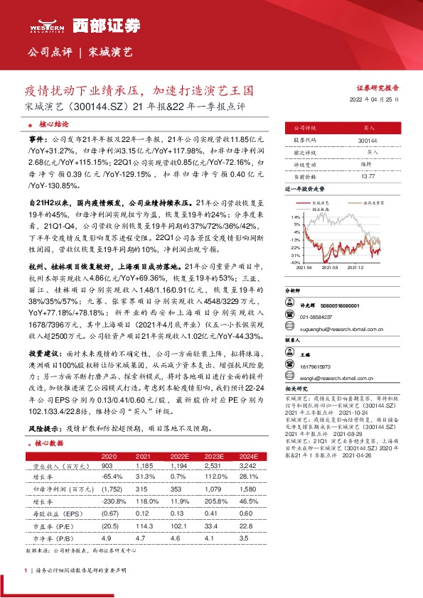 21年报&22年一季报点评：疫情扰动下业绩承压，加速打造演艺王国