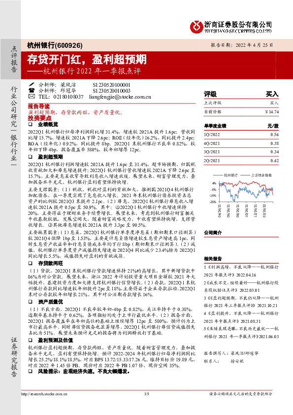 杭州银行2022年一季报点评：存贷开门红，盈利超预期